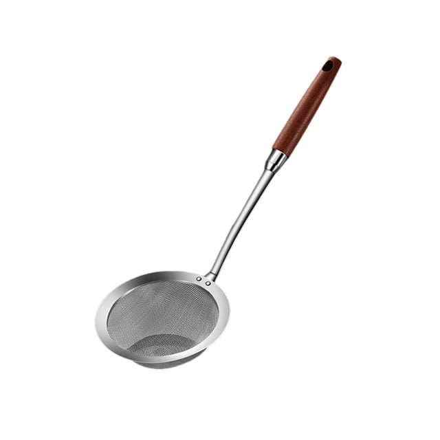 Yhmxh Utensilios de cocina Colador de embudo de acero inoxidable 304 con mango de madera, para recoger restos finos de aceite de pesca, colador de malla para cocina y hogar, cuchara de pesca.