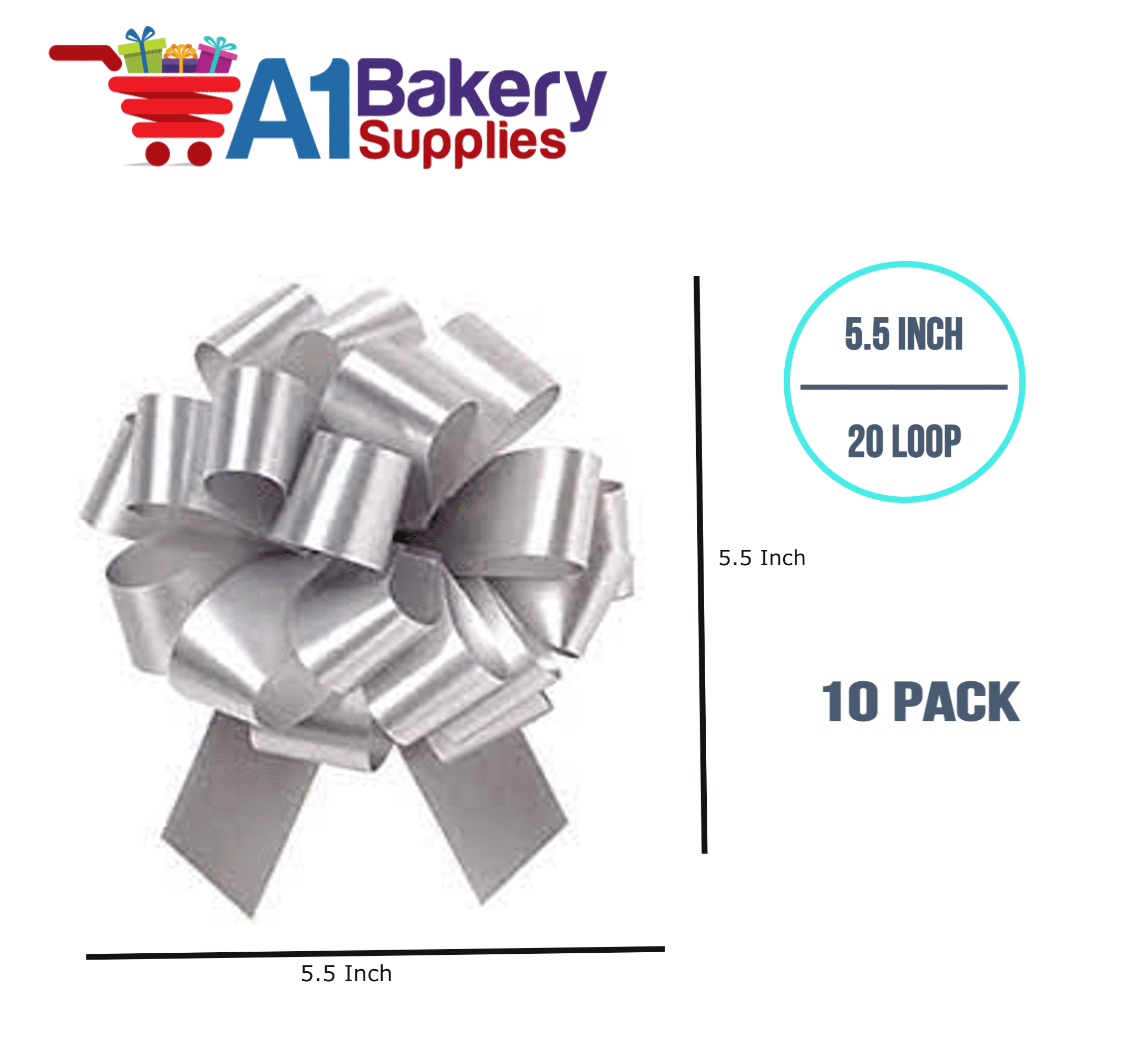 A1BakerySupplies Gift Wrap Christmas Wedding Gift Wrap Pull Bows Large Pull String Bows 5.5 Inch 20 Loop - Set of 10 (Silver)