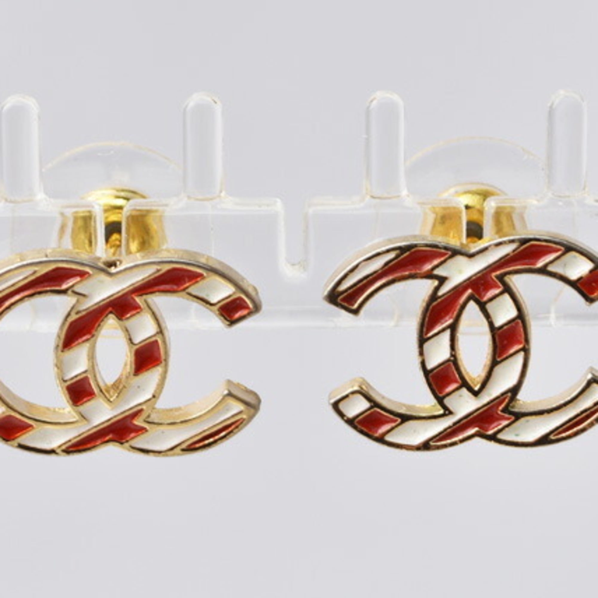 Pre-Owned Chanel earrings CHANEL CC mark stripe pattern red/white gold  (Good)