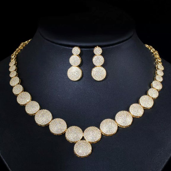 Gold Plated Micro Pave CZ Wedding Big Round Choker Necklace Earrings Jewelry Set