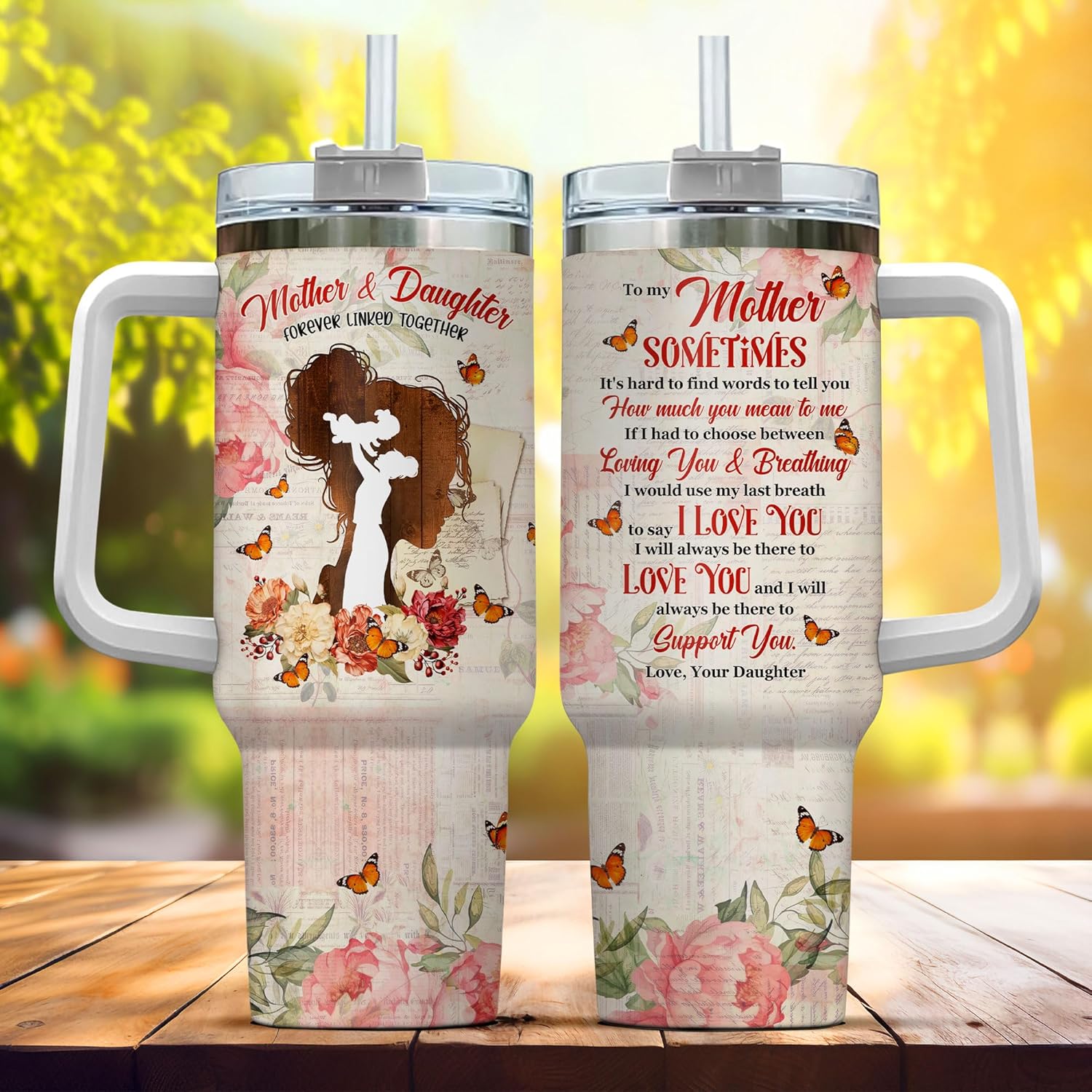 Tumbler 40 Oz With Handle Lid And Straw, Mom Gifts, Butterfly Stainless Funny Primrose Modern Be Cups Coffee Quartz Mama Parade Cup Hot Yellow For Day To, Mother Daughter Floral