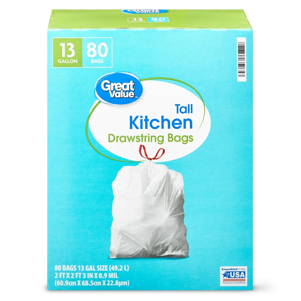 Great Value Tall Kitchen Trash Bags, 13 gallon, 80 Bags (Drawstring