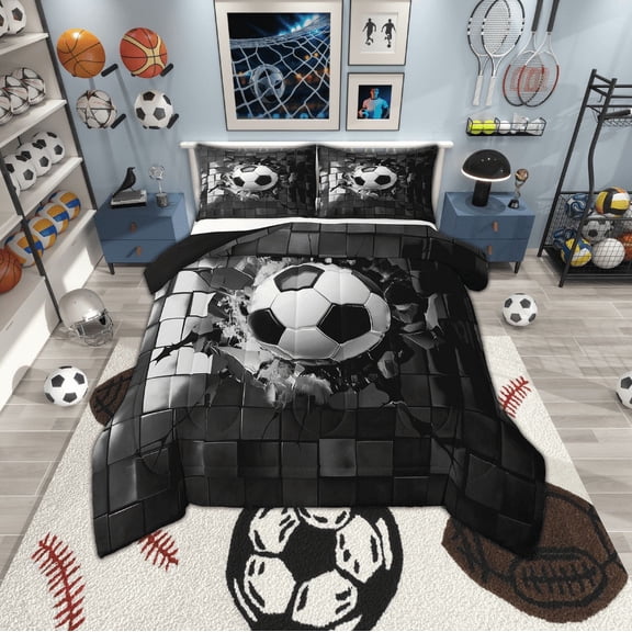 Erosebridal Black Soccer Bedding Twin Comforter Set,Geometric Plaid Down Comforter,Sport Gamer Bedding Sets Twin with Comforter,Microfiber Buffalo Room Decor,Reversible,2-Piece