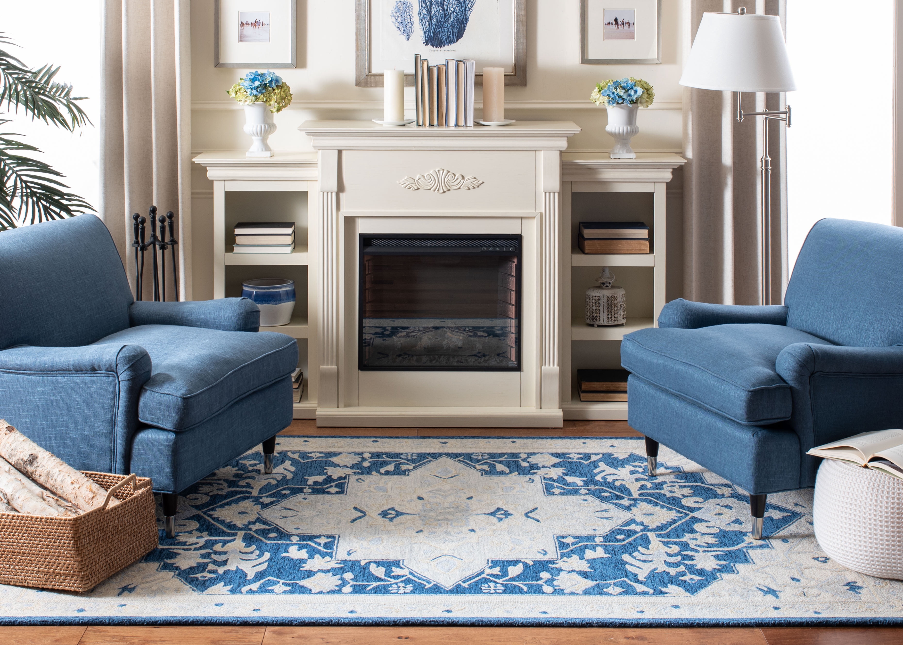 SAFAVIEH Micro-Loop Emilija Floral Bordered Wool Area Rug, Navy/Ivory, 5' x 5' Square