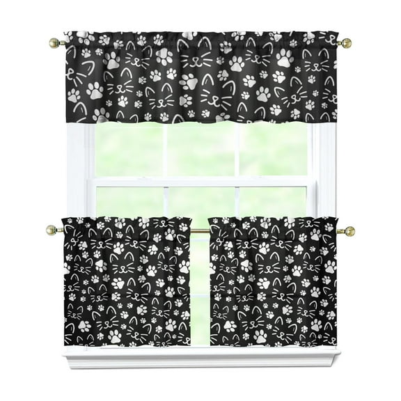 Kitchen Curtains 24 Inch Short - 3 Panel Set with Cute Cat Paw Pattern, Rod Pocket Window Curtain, 100% Polyester for Pet Lovers Farmhouse, Cafe, Kitchen, Bedroom, Easy Wash