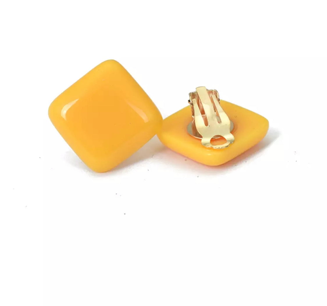 Clip on gold and yellow square earrings