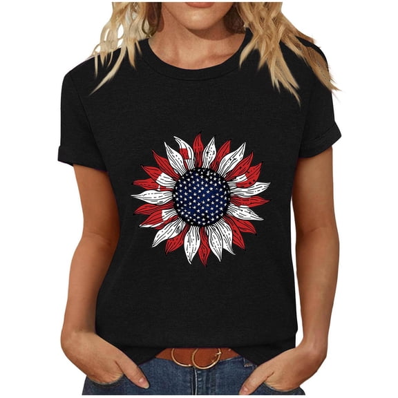 SELONE 4th of July Womens Shirt Black Casual Tops Hoilday Crewneck Short Sleeve Clothes Patriotic Graphic Wear
