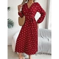 thumbnail image 3 of Women'S Polka Dot Wrap V Neck Belt Long Sleeve Pleated Maxi Dress Flowy Casual Long Dress Wine Red L, 3 of 8