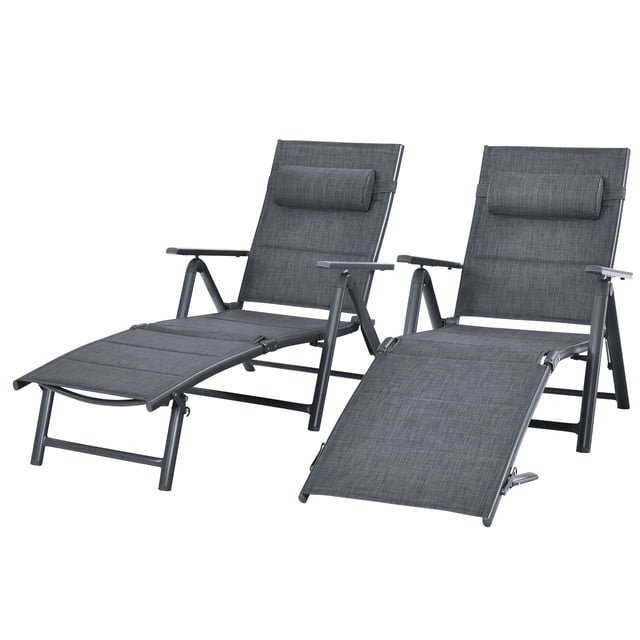 Patiojoy Chaise Longue Inclinable de Patio 2 Pcs pour l'Extérieur, Chaise Pliante Réglable avec 7 Positions de Dossier et Oreiller Amovible