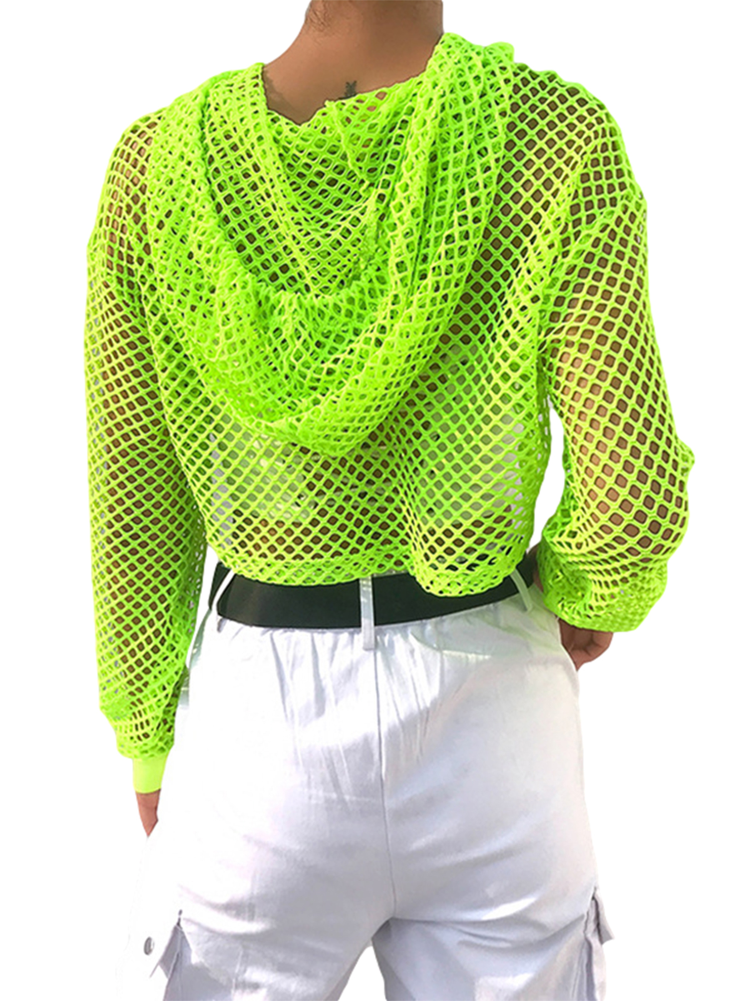 Felcia Women Neon Mesh Fishnet Top Perspective Long Sleeve Cropped T-shirt