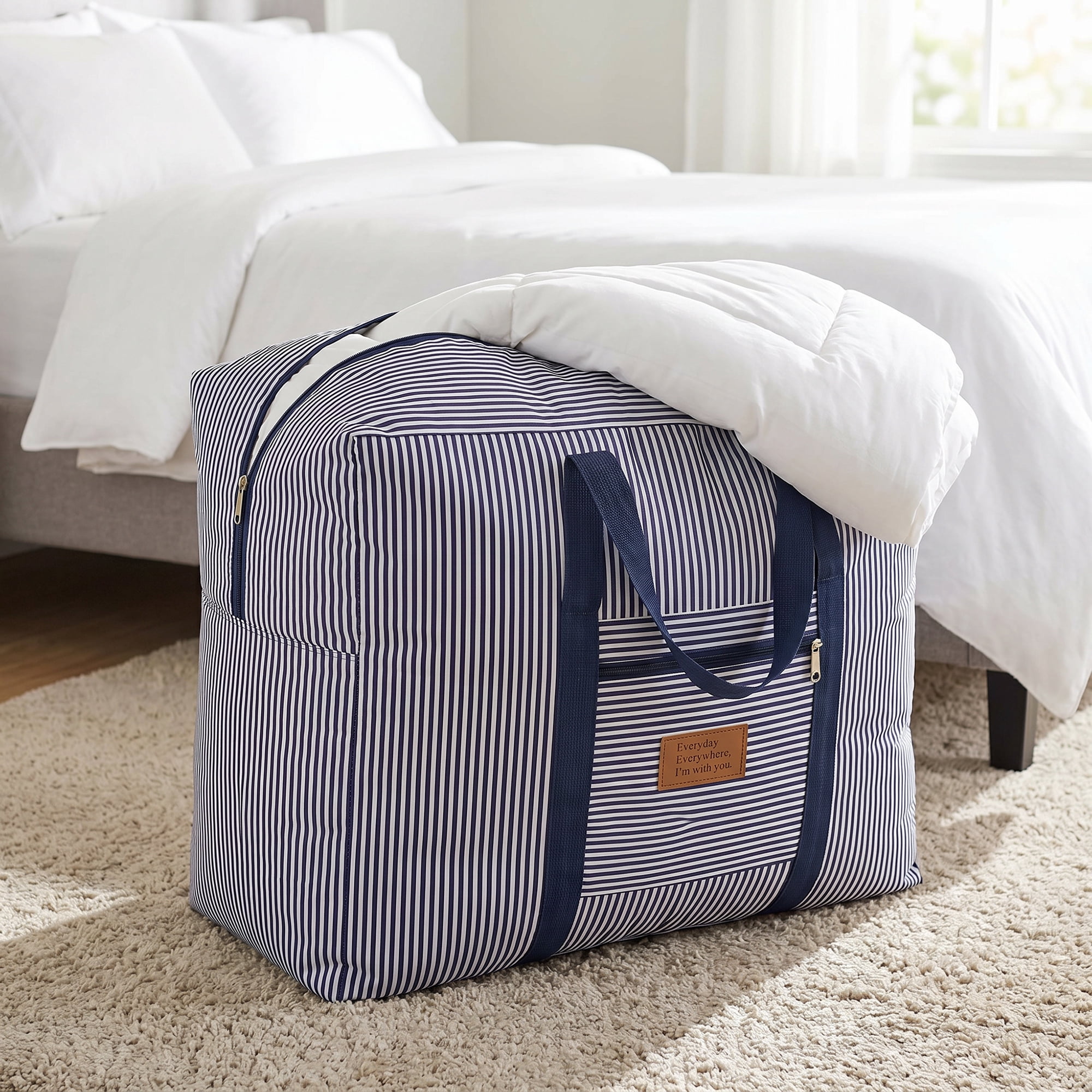Unique Bargains Large Capacity Striped Oxford Travel Bag Navy Blue 23.6" x 19.7" x 11.8"