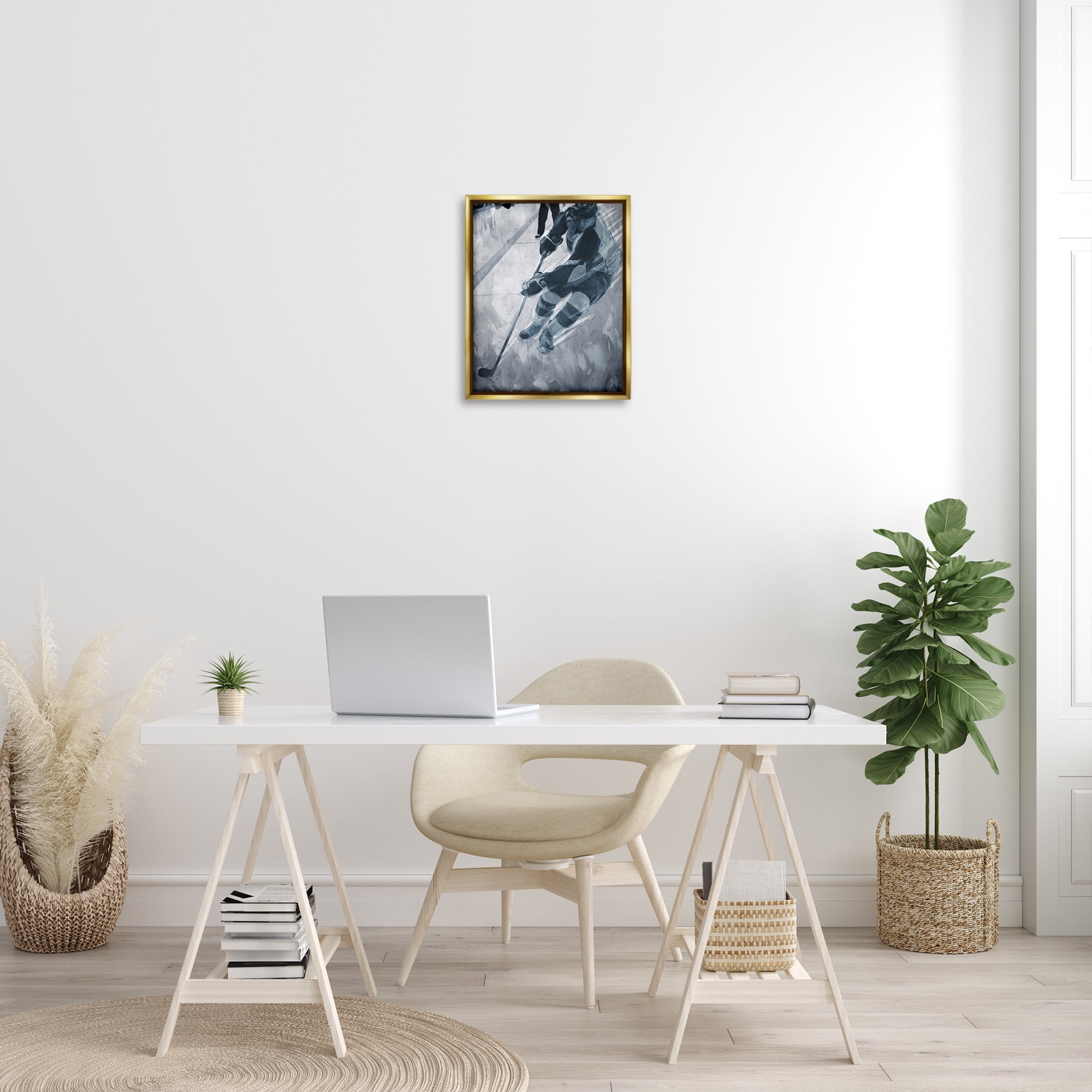 Stupell Industries Abstract Hockey Player Sports Painting Gold Floater Framed Canvas Art Print Wall Art, 17 x 21