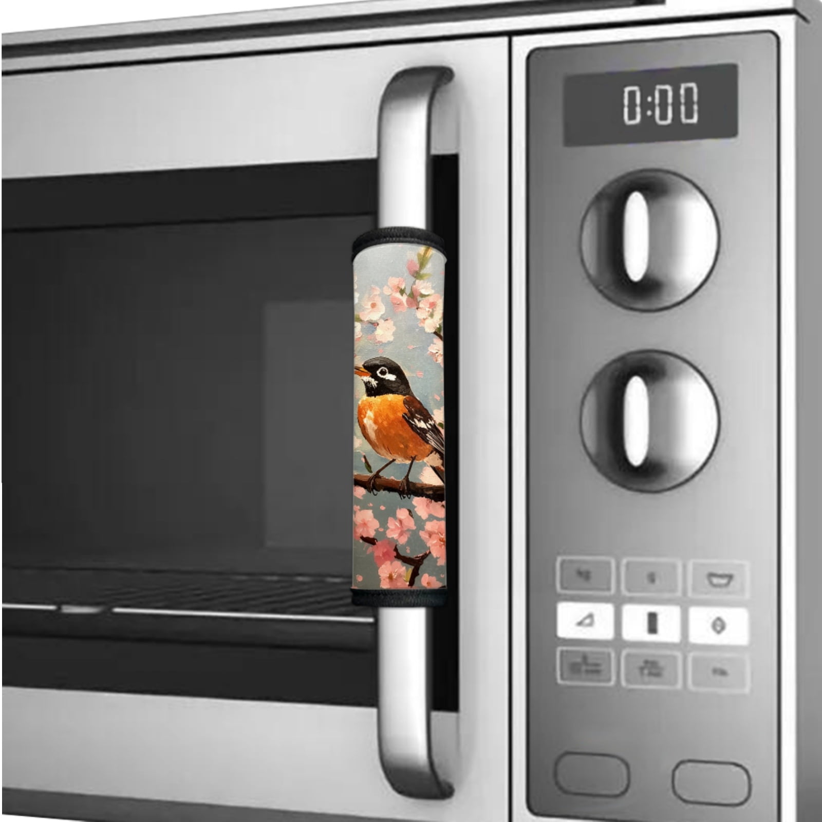 SEANATIVE 6 PCS Refrigerator Door Handle Covers Electric Appliance Handles Decor Anti-skid Protector Gloves for Fridge Oven Kitchen Cabinet Home Decor, American Robin Bird Pink Flower Gray