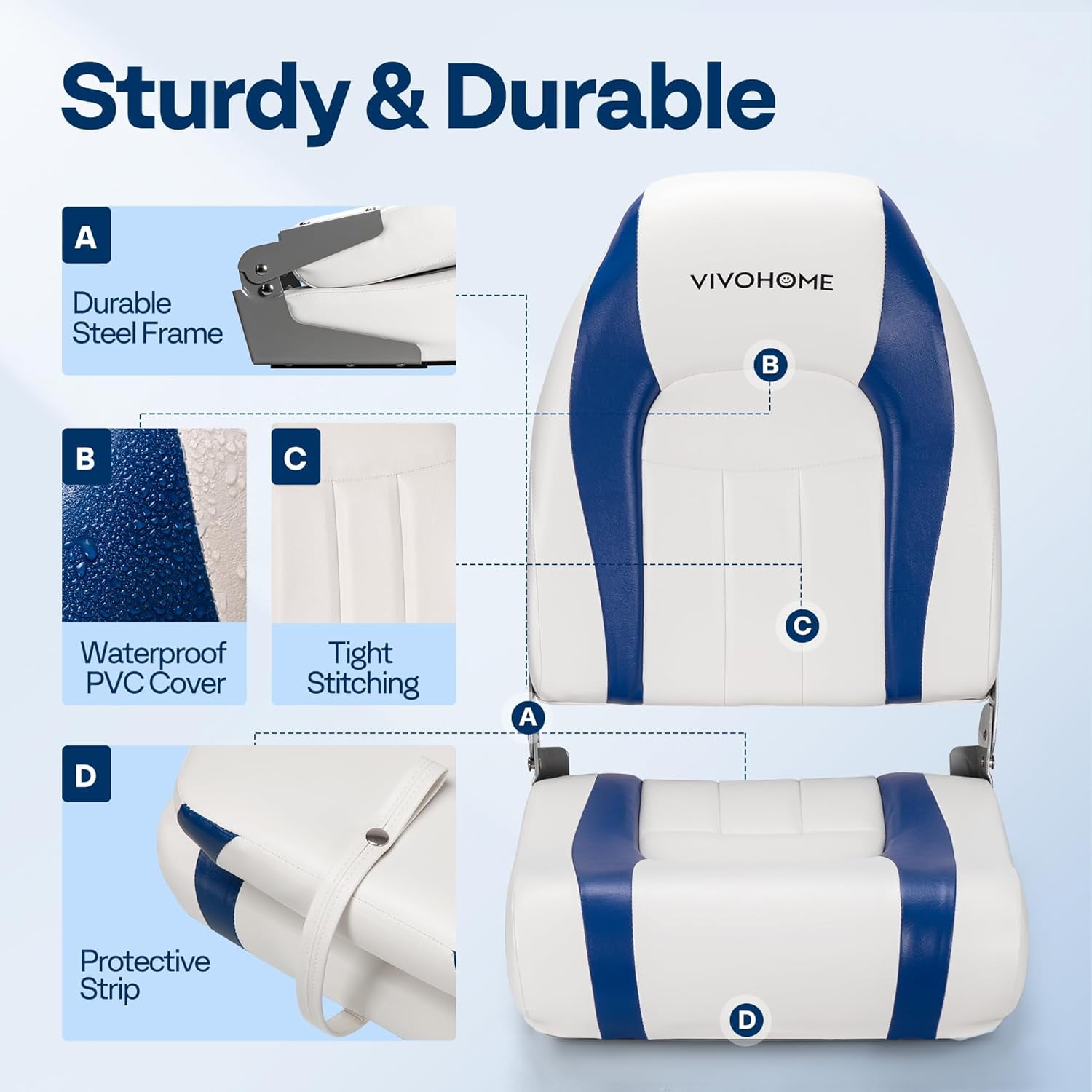 SPECSTAR Folding High Back Boat Seats 2 Pack, Waterproof Boat Captain Chairs, 4 Mounting Screws Included, White and Blue