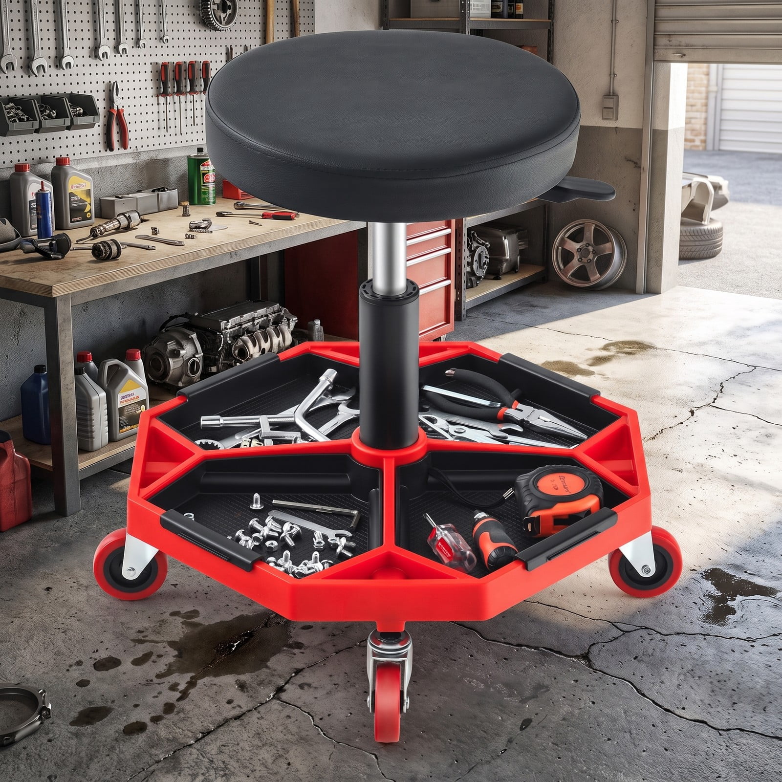 Biotree Pneumatic Rolling Mechanic Stool with Padded Seat, 330 LBS Capacity Height Adjustable Swivel Garage Shop Work Chair with Tool Tray and 4 Casters, Red