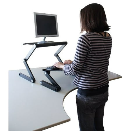 WorkEZ Standing Desk Converter for Laptops ergonomic adjustable height sit to stand up desktop stand riser topper small lightweight portable aluminum computer macbook negative tilt keyboard