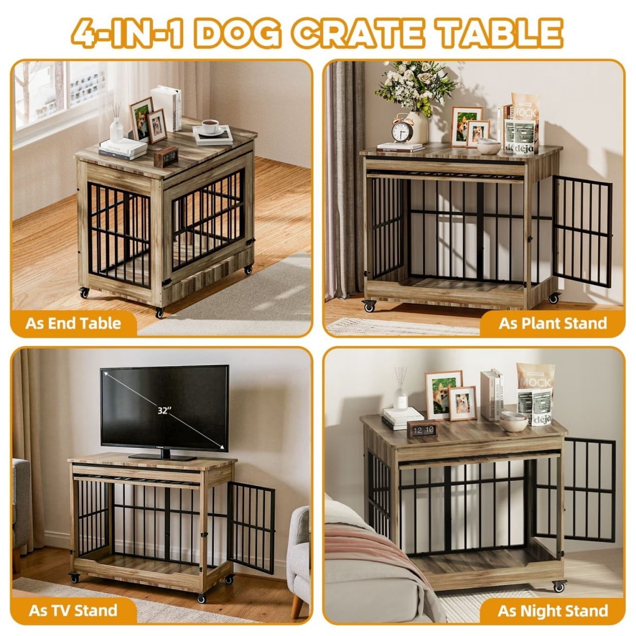32" Dog Crate Furniture, Wooden Dog Kennel with Double Doors & Wheels, Indoor Dog Cage End Table for Small & Medium Dogs, Furniture Style Pet Crate, Greige