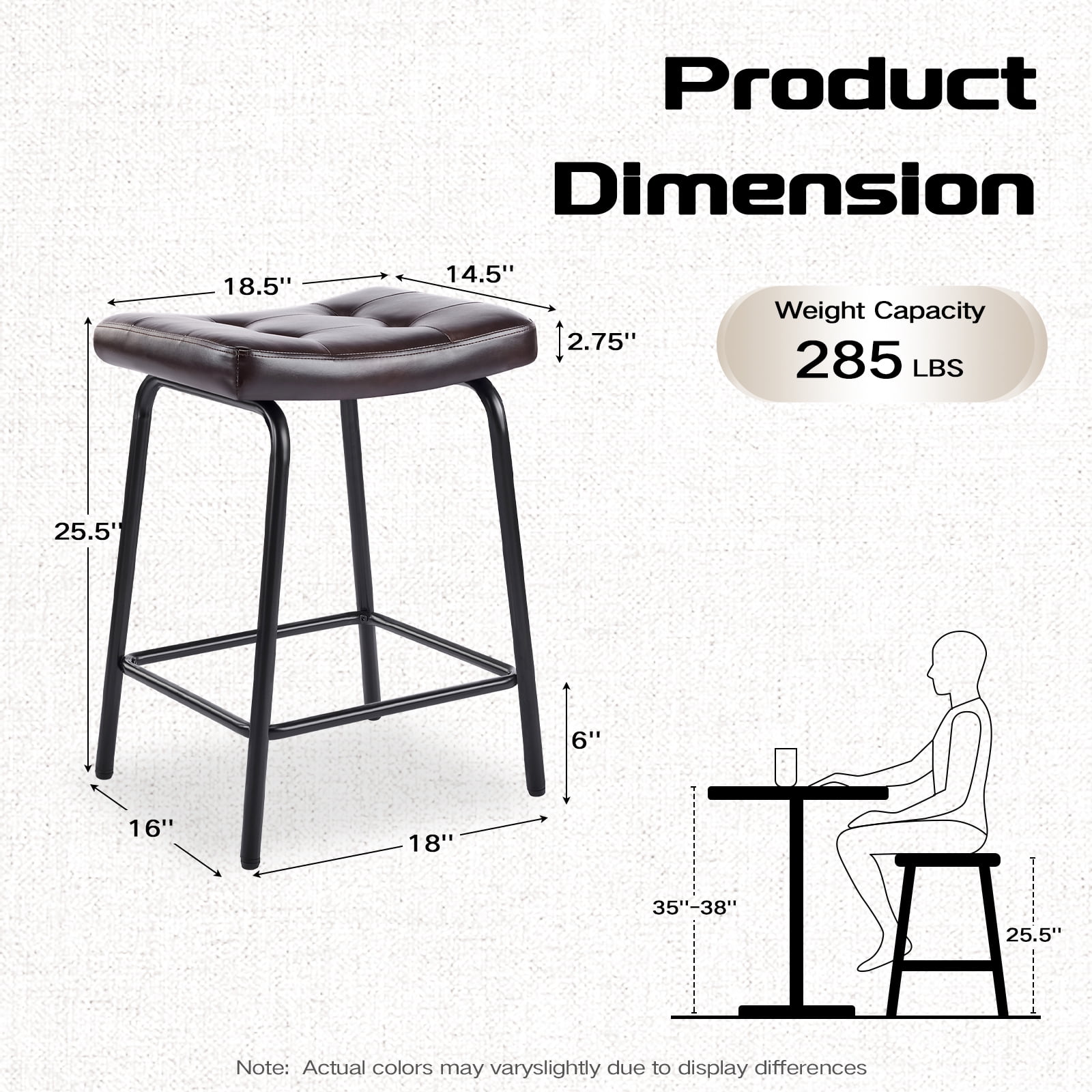 25" Saddle Counter Stools Set of 2, Tufted Faux Leather Counter Height Bar Stools with Metal Legs for Kitchen Island, Black Brown