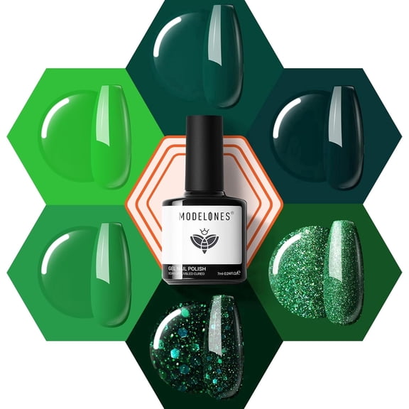 Modelones Green Gel Nail Polish Set, 6 Shades Christmas Holiday Gel Kit with Glitter Finishes, 28 Days Long Lasting High Gloss Soak Off UV LED Gel Polish for St. Patrick's Day Home DIY Manicure