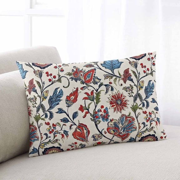 Boho Floral Throw Pillow Cover, Pillowcase Protectors with Zipper, Breathable Decorative Lumbar Pillow Case Cover, Blue Red Flower Vintage Petals Branch Leaf Pillow Shams for Couch Sofa 12x20Inch