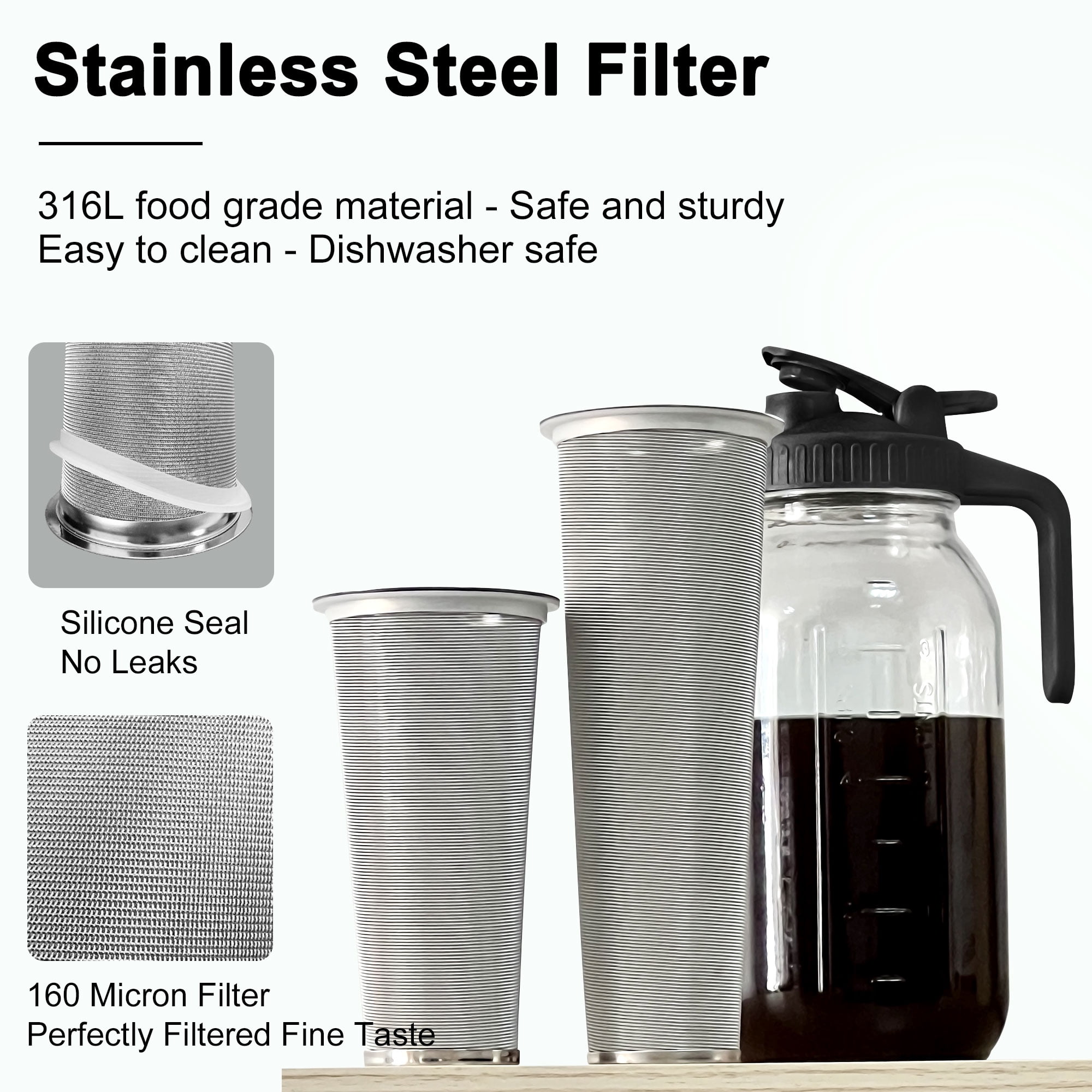 VA1KENE 64oz Cold Brew Coffee Pitcher Ice Coffee Maker with Spout, Handle & Stainless Steel Filter Coffee Maker with lid for Home Kitchen-Black