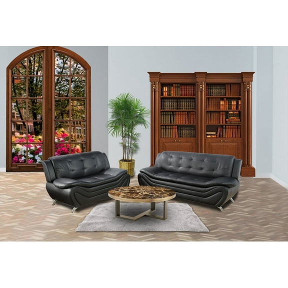PonLiving 2 Piece Faux Leather Contemporary Living Room Sofa, Loveseat Set. Black