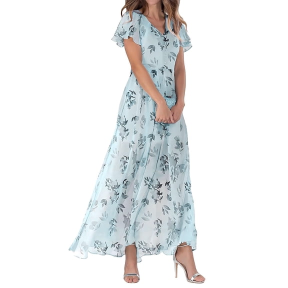 Womens Floral Maxi Dress Casual V Neck Short Sleeve Flowy Beach Wedding Guest Long Dresses