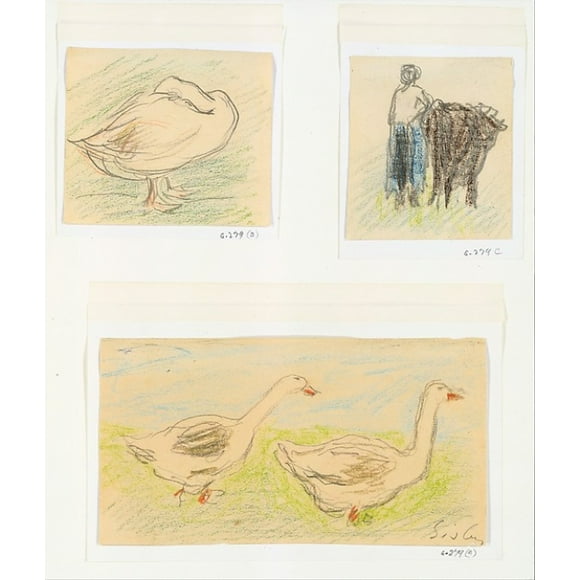 Trois Esquisses-Deux Oies Marchant; Paysanne avec une Vache; Oie Cachant Sa Tête Affiche Imprimée par Alfred Sisley (britannique, paris 1839 1899 moret-sur-loing) (18 x 24)