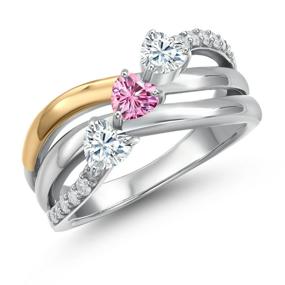 Gem Stone King 925 Silver and 10K Yellow Gold White Moissanite and Pink Moissanite and Lab Grown Diamond Engagement Ring for Women | 0.80 Cttw | Heart Shape Gemstone Birthstone | Size 8