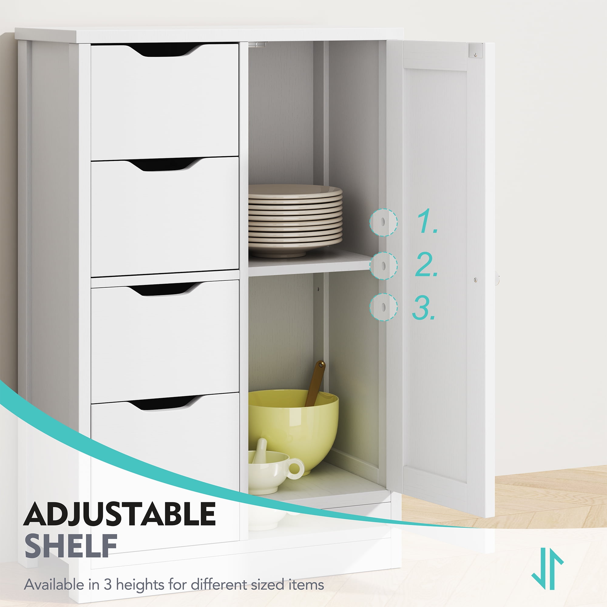 Walsunny Bathroom Floor Cabinet Storage Organizer Freestanding Wooden Cupboard with Door Drawers Adjustable Shelf for Small Spaces Laundry Room Kitchen Living Room Bedroom Home Office,White