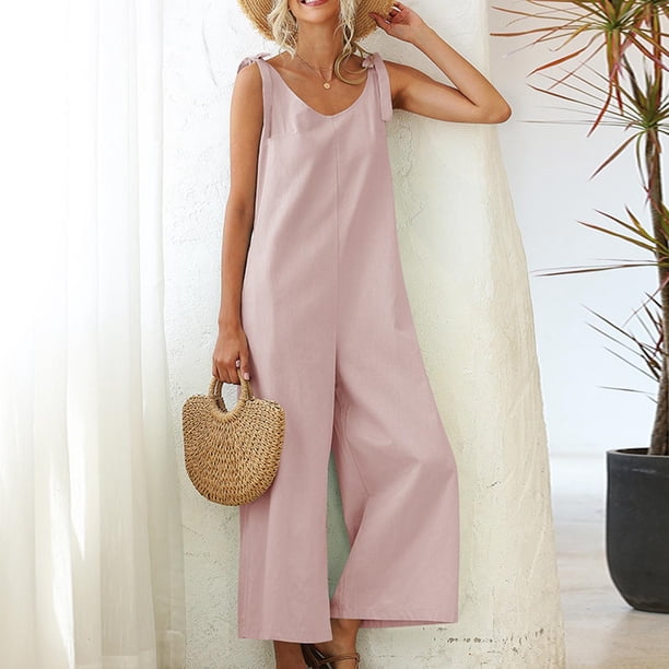 Mamelucos de moda retro de algodón para mujer Pantalones de mono sólido vendaje con tirantes Pompotops qyievc850