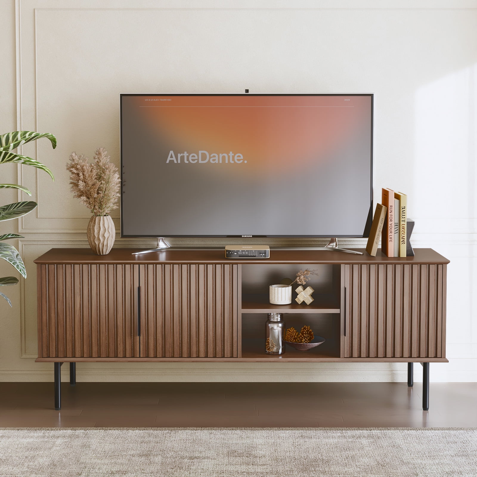 HLR Mid Century Fluted 66" TV up to 75" Stand with Storage, Modern Wooden Entertainment Center Console for Living Room, Brown