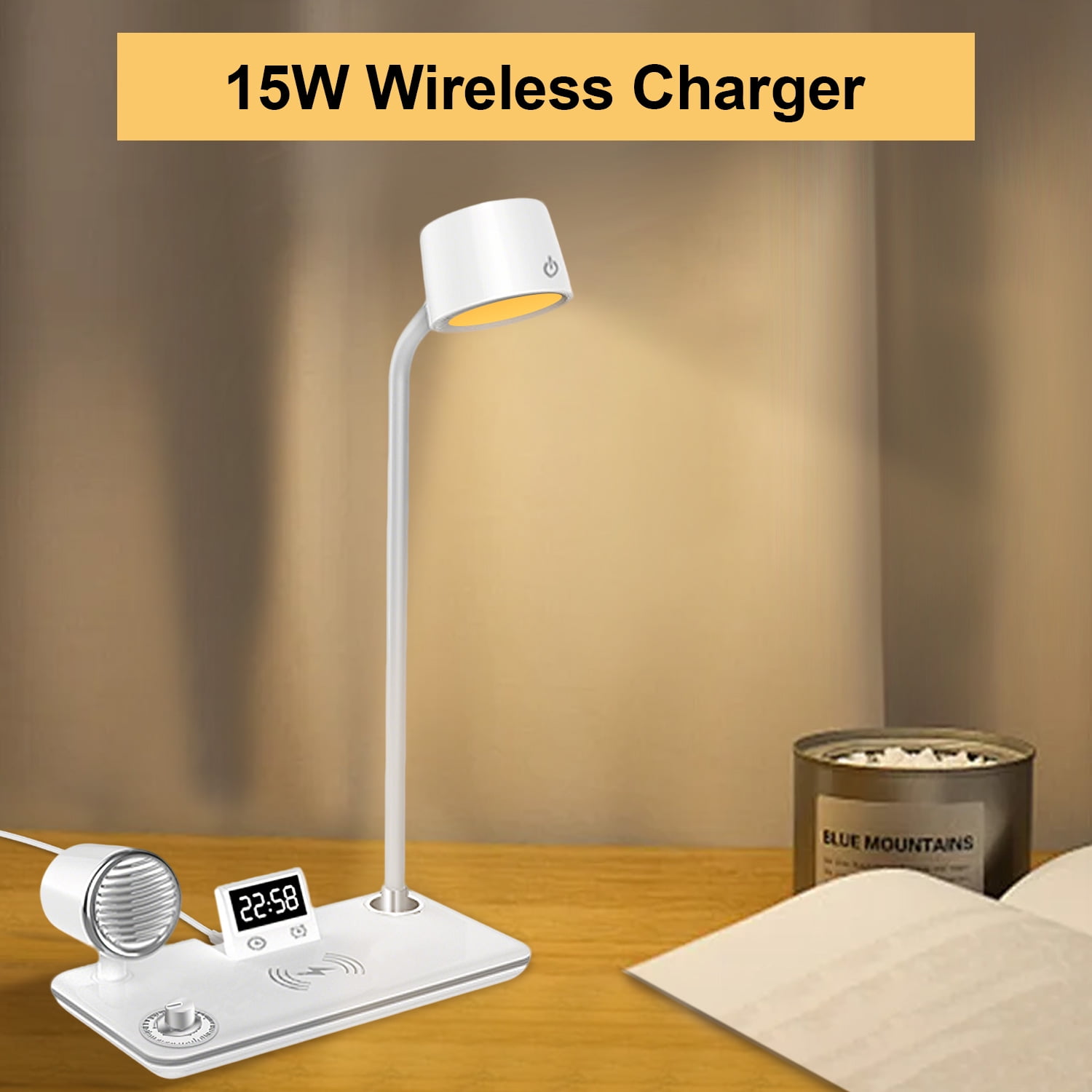 LED Desk Lamp, 4 in 1 Multifunction Table Lamp with Wireless Charger, Bluetooth Speaker Digital Clock, 360° Adjustable Gooseneck Arm with 3 Color Modes Dimmable Lamp for Home Office Bedroom, White