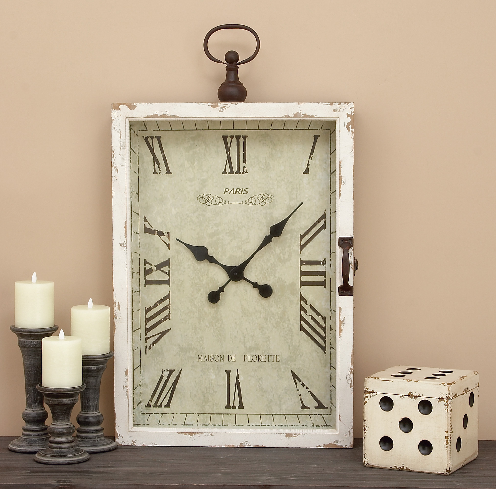 DecMode Rectangle Distressed White Wooden Wall Clock, 20