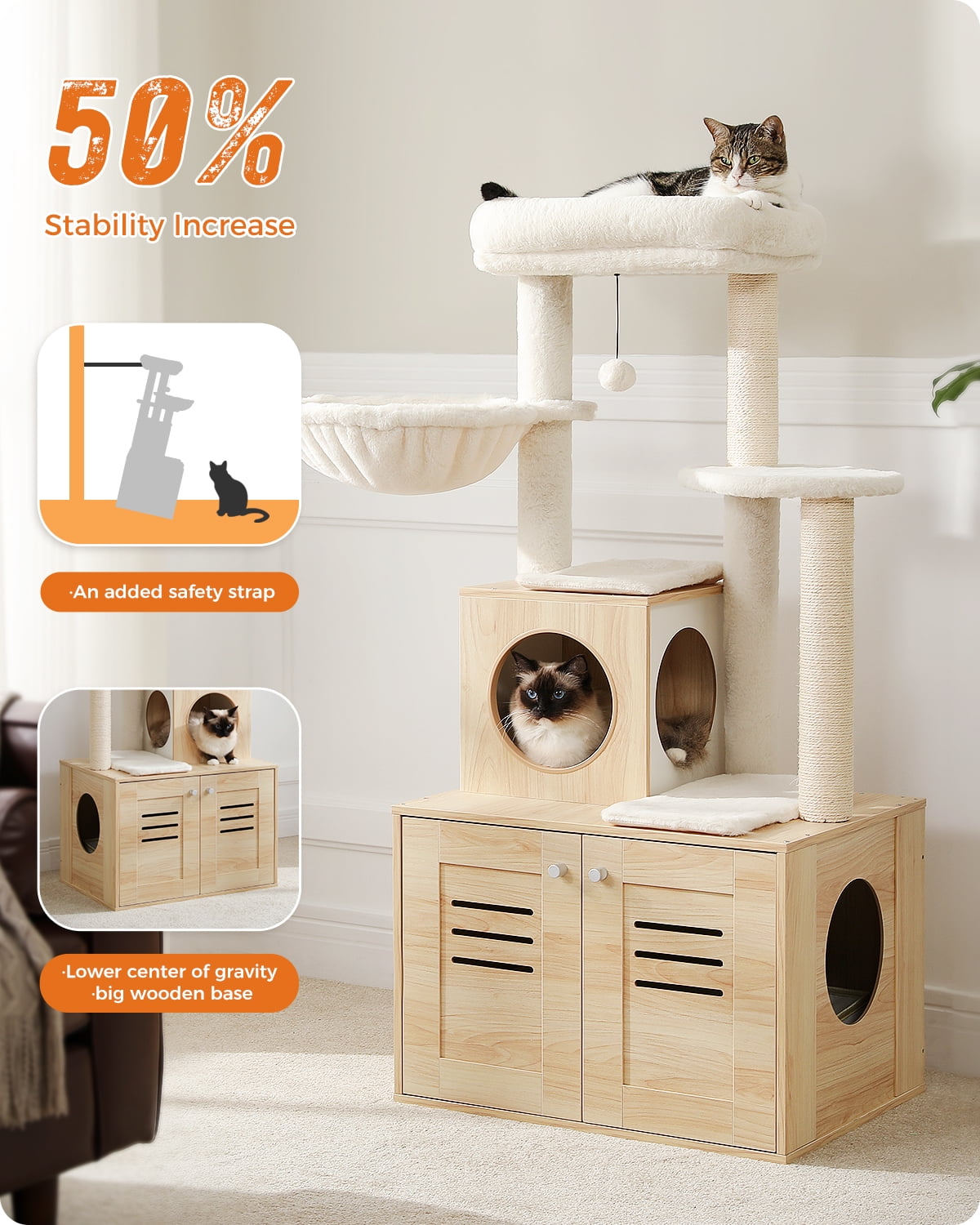 PEQULTI 50" Wooden Cat Tree Cat Tower With Litter Box Enclosure For ...