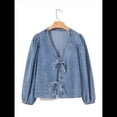 thumbnail image 2 of Blusa Vaquera con Cuello en V y Mangas Largas Abullonadas con Lazo Frontal para Mujer, Ideal para Salir de Verano Azul Pavo Real M, 2 of 8