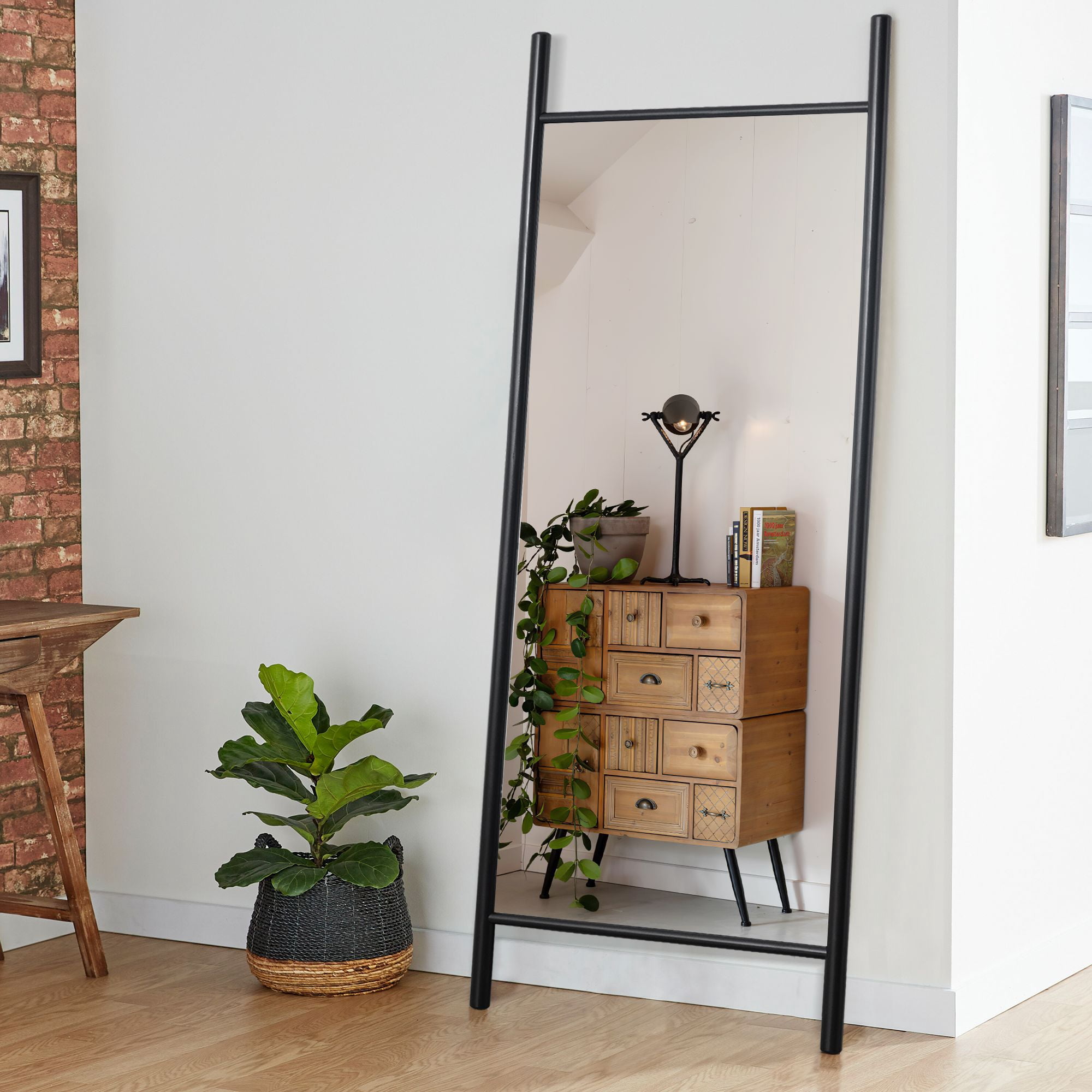 71"x31" Large Wood Ladder Floor Mirror Full Length Mirror,Black