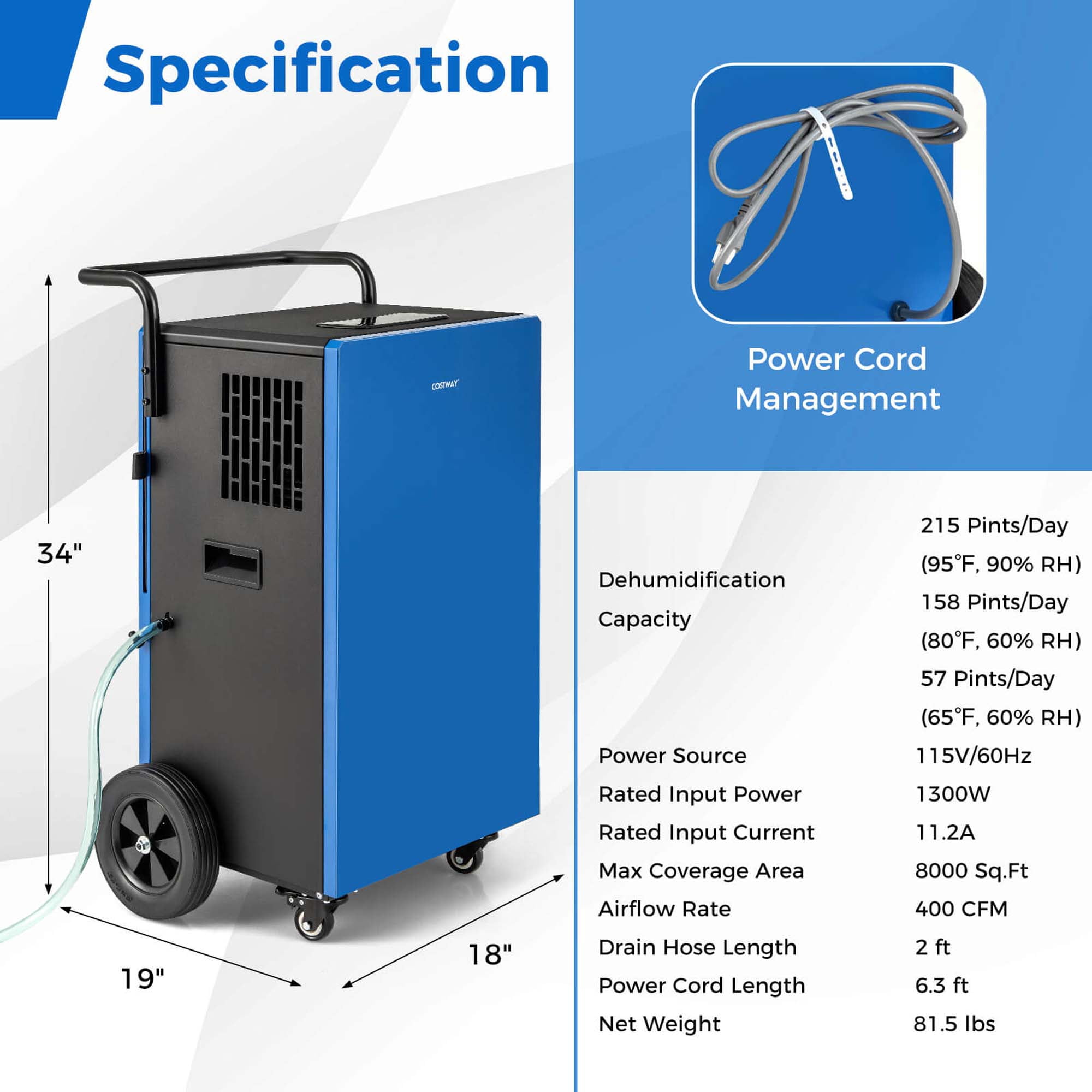 Costway 57-Pint(DOE) Portable Commercial Dehumidifier with Drain Hose 24H Timer 8,000 Sq. ft Coverage Area (MAX 215Pint at 95°F, 90%RH)