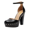 thumbnail image 3 of FSJ Women Retro Round Closed Toe Sandals Studded Rivet Platform Ankle Strap Chunky Block Heel Pumps Office Church Shoes Size 6 Black, 3 of 5