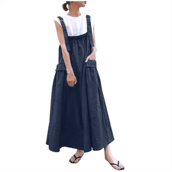 Women's Suspender Skirt - Long Straps, Large Pockets, Over-The-Knee, Casual Summer Dress