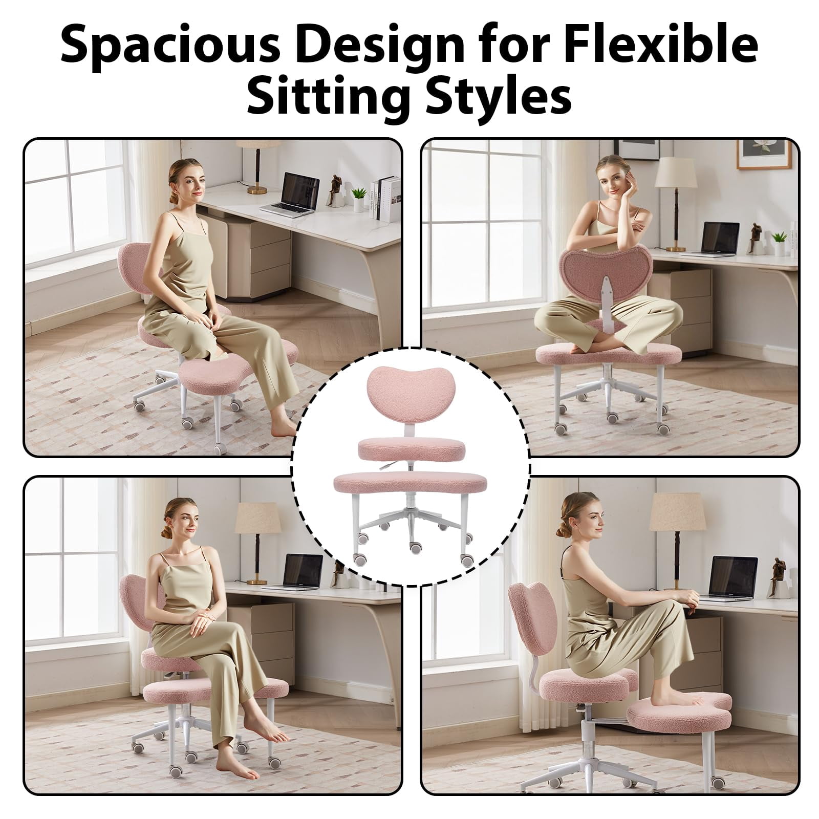 Pawverly Cross-Legged Meditation Chair with Wheels, Adjustable Height Yoga Office Chair with Lumbar Support, Ergonomic Criss Cross Desk Chair for Adults, Pink Teddy