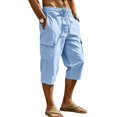 thumbnail image 6 of Linen Capri Pants for Men Big and Tall Classic Straight Leg Cargo Capris Elastic Waist Pull On Cropped Lounge Pants Light Blue 3XL, 6 of 9