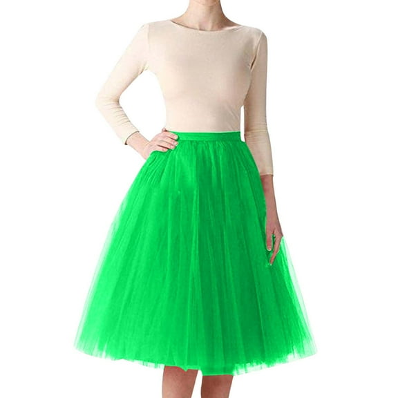 FAOWME Women's Skirt High Waist Solid Color Knee Length Comfortable Fashion Mesh Tutu Dancing Skirts For Festive And Party Occasion,Green,One Size