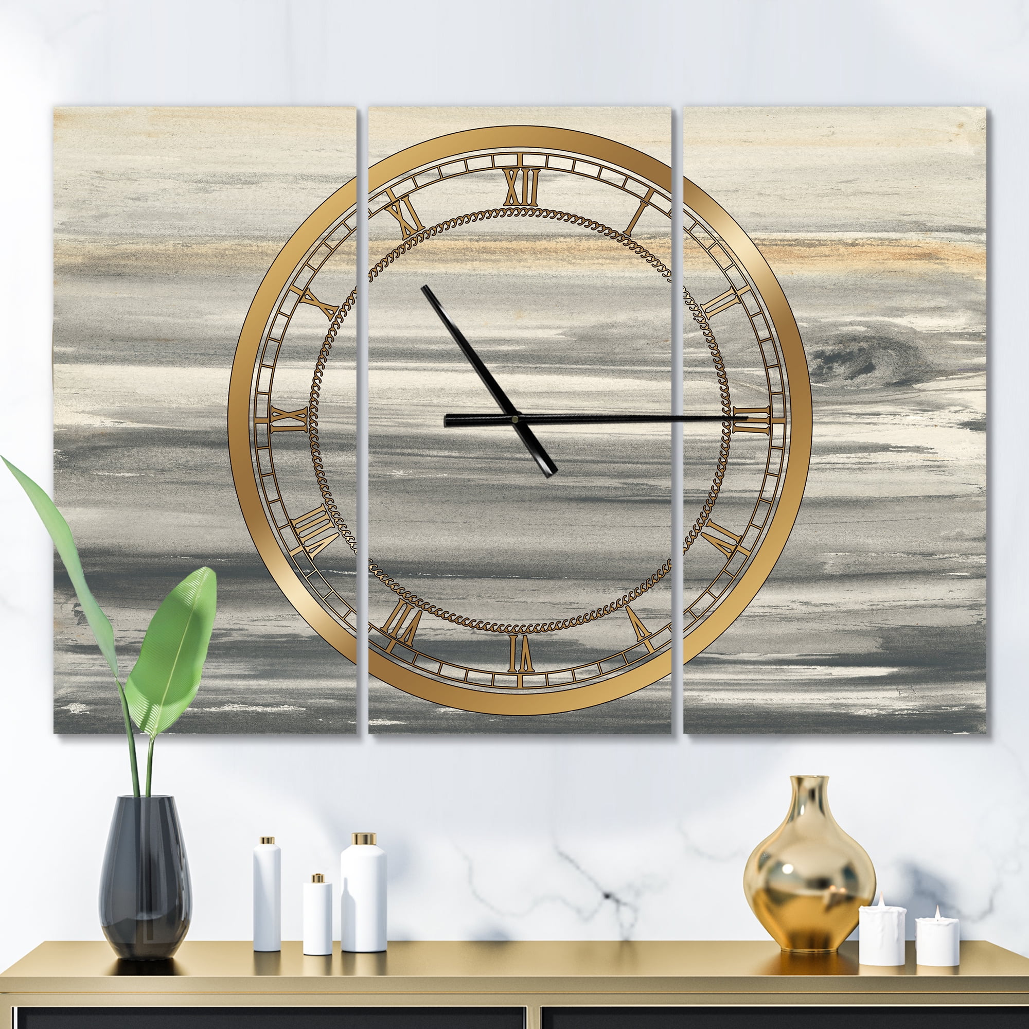 watercolor colorfields II' Glam 3 Panels Oversized Metal Clock - 36 in. wide x 28 in. high - 3 panels