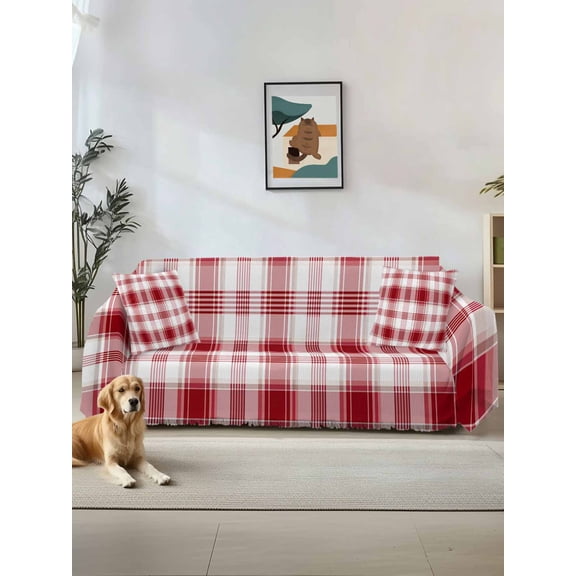 Red Checkered Sofa Covers for 2-3 Cushion Couch L-Shaped Sectional, Red White Plaid Farmhouse Washable Sofa Covers Slipcover for Living Room Furniture, Couch Cover Blanket 71"x134"