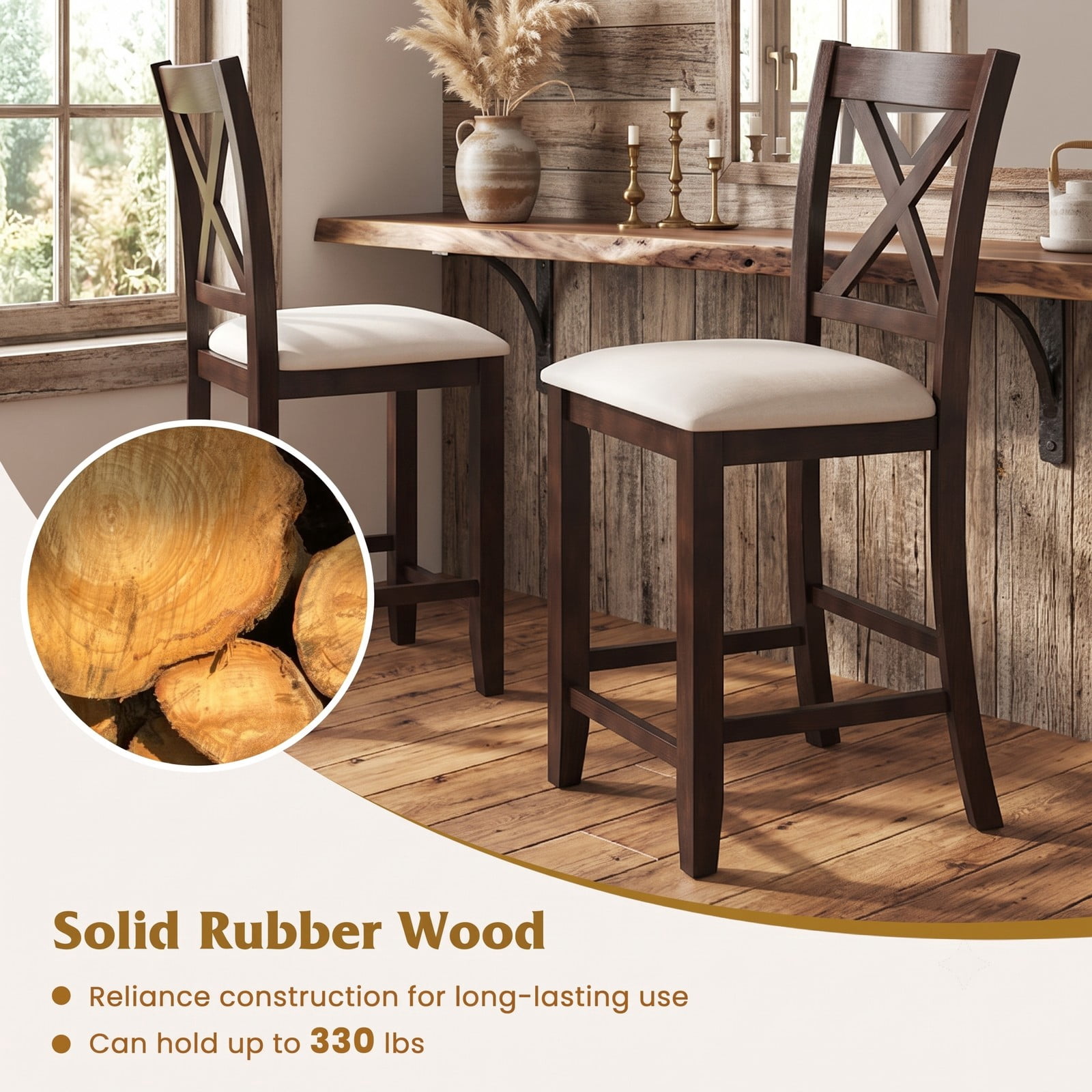 Furnibear Modern Farmhouse Counter Height Bar Stools Set of 2 with Footrest, Curved Slatted Back and Linen Cushioned Seat, 24 Inch Rubber Wood, Walnut and White