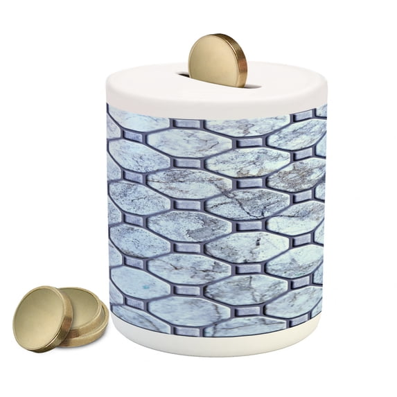 Marble Print Piggy Bank, Retro Marble Tiled Spiral and Round Circular Bound Tied Old Fashion Shapes Design, Ceramic Coin Bank Money Box for Cash Saving, 3.6" X 3.2", Grey, by Ambesonne