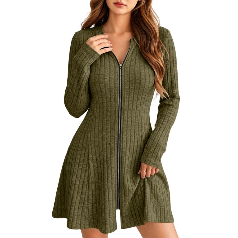 winter dresses zipper bodycon Jovrlynd Sweater Dress for Women Long Sleeve Ribbed Zip Up V Neck A Line Mini Dress 2026 Slim Dresses, S-2XL Mother26 size:16 Yrs so please allow 2 Beige Dresses for Women