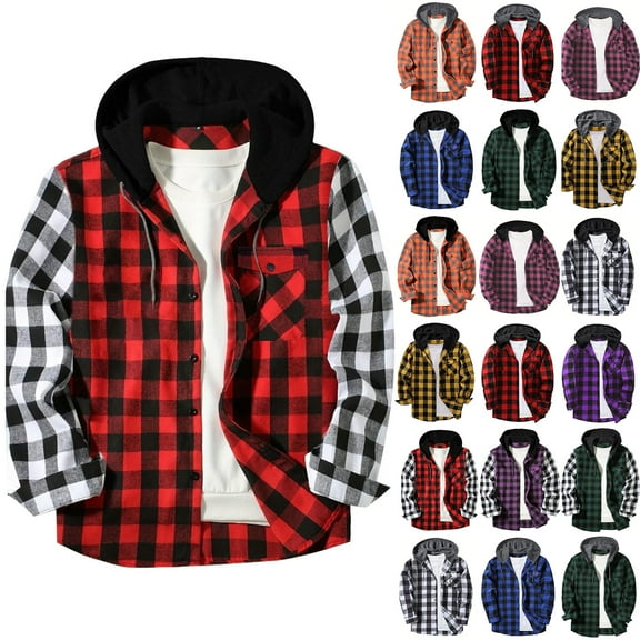 LODIENY Mens Flannel Hoodie Shirt Lightweight Regular Fit Casual Drawstring Button Down Plaid Hooded Jacket Shirts Stylish Long Sleeve Patchwork Shirts with Pocket Green S