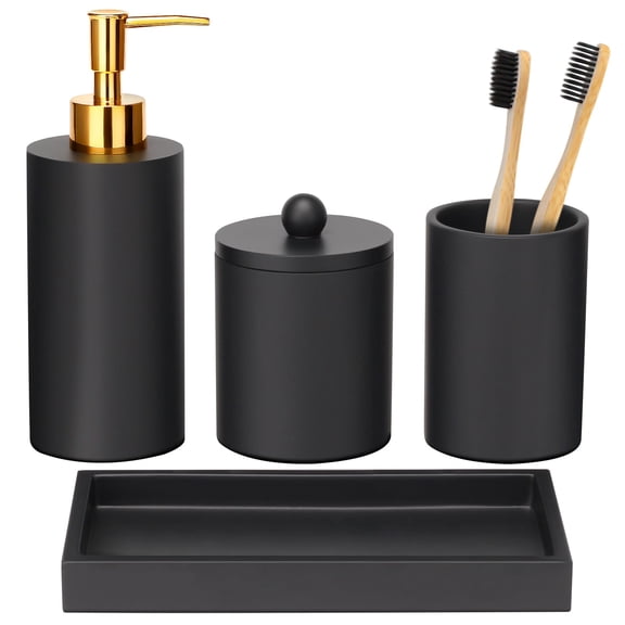 Haturi Bathroom Accessory Set, 4 Pcs Black Bathroom Accessories Sets Complete with Soap Dispenser, Toothbrush Holder, Apothecary Jar, Tray, Home Apartment Modern Bathroom Decor Vanity Countertop